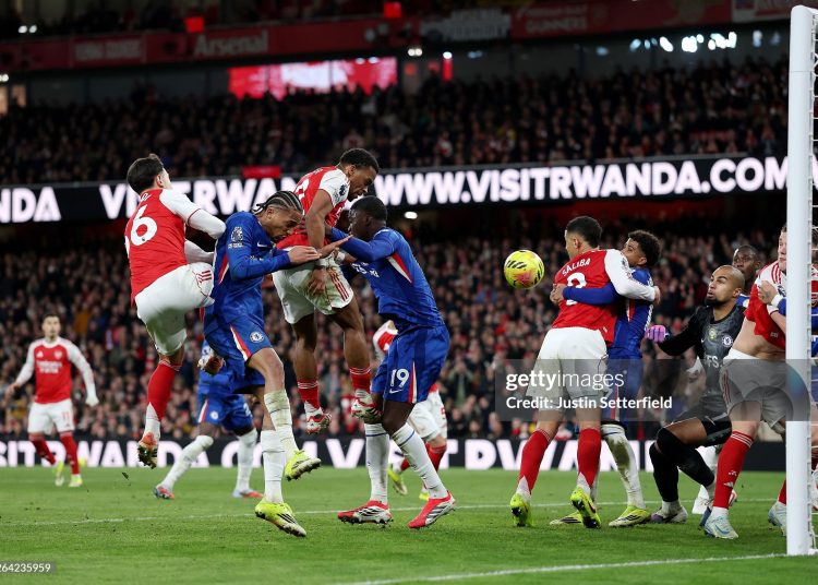 LONDON, ENGLAND - MARCH 01: Jurrien Timber of Arsenal scores his team's second goal past Robert Sanchez of Chelsea during the Premier League match between Arsenal and Chelsea at Emirates Stadium on March 01, 2026 in London, England. (Photo by Justin Setterfield/Getty Images)