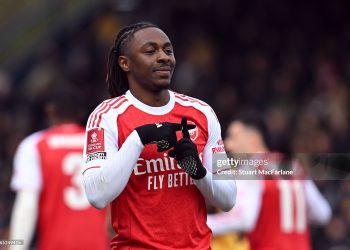 Eberechi Eze of Arsenal celebrates scoring his team's second goal during the Emirates FA Cup Fifth Round match between Mansfield Town and Arsenal (Photo by Stuart MacFarlane/Arsenal FC via Getty Images)