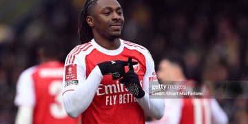Eberechi Eze of Arsenal celebrates scoring his team's second goal during the Emirates FA Cup Fifth Round match between Mansfield Town and Arsenal (Photo by Stuart MacFarlane/Arsenal FC via Getty Images)