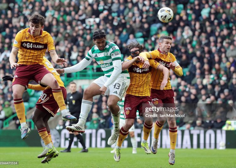 Benjamin Arthur of Celtic heads at goal during the William Hill Premiership match between Celtic and Motherwell (Photo by Ian MacNicol/Getty Images)