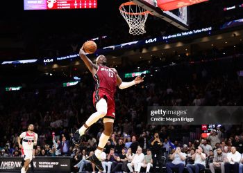 Bam Adebayo #13 of the Miami Heat dunks the ball against the Washington Wizards during the third quarter of the game (Photo by Megan Briggs/Getty Images)