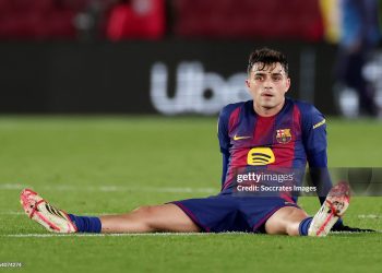 Pedri of FC Barcelona disappointed  during the Spanish Copa del Rey  match between FC Barcelona v Atletico Madrid (Photo by David Ramirez/Soccrates/Getty Images)