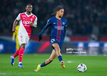 Bradley Barcola of PSG passes the ball during the Ligue 1 McDonald's match between Paris Saint-Germain FC and Monaco FC (Photo by Franco Arland/Getty Images)