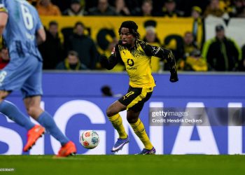 Carney Chukwuemeka of Borussia Dortmund in action during  Bundesliga soccer match (Photo by Hendrik Deckers/Borussia Dortmund via Getty Images)