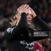 Manchester City's Norwegian striker #09 Erling Haaland reacts after missing a chance during the English Premier League football match between West Ham United and Manchester City (Photo by Ian Kington / AFP via Getty Images)