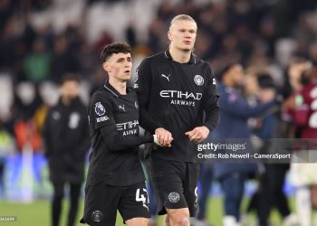 Manchester City's Erling Haaland and Phil Foden at the end of the match during the Premier League match between West Ham United and Manchester City (Photo by Rob Newell - CameraSport via Getty Images)