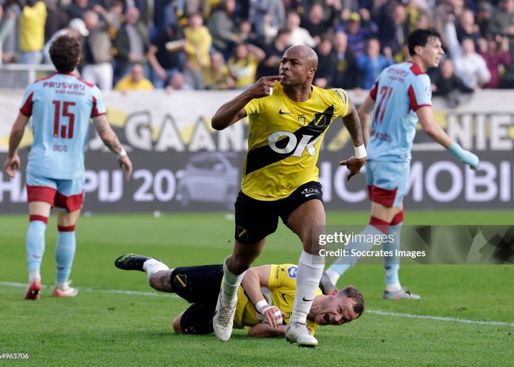 Andre Ayew of NAC Breda celebrates 3-2 during the Dutch Eredivisie match between NAC Breda v Feyenoord (Photo by Pim Waslander/Soccrates/Getty Images)
