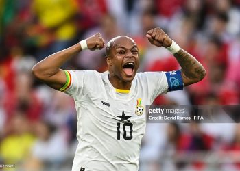 Andre Ayew of Ghana celebrates his side's first goal after the Video Assistant Referee review during the FIFA World Cup Qatar 2022 Group H match between Korea Republic and Ghana (Photo by David Ramos - FIFA/FIFA via Getty Images)