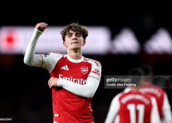 Max Dowman of Arsenal celebrates scoring his team's second goal during the Premier League match between Arsenal and Everton (Photo by Alex Pantling/Getty Images)
