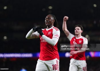 Arsenal's Eberechi Eze (left) celebrates scoring their side's first goal of the game during the UEFA Champions League match (Photo by Bradley Collyer/PA Images via Getty Images)