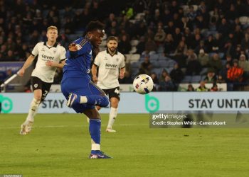 LEICESTER, ENGLAND - MARCH 10:  Leicester City's Abdul Fatawu scores his side's second goal during the Sky Bet Championship match between Leicester City and Bristol City at The King Power Stadium on March 10, 2026 in Leicester, United Kingdom. (Photo by Stephen White - CameraSport via Getty Images)