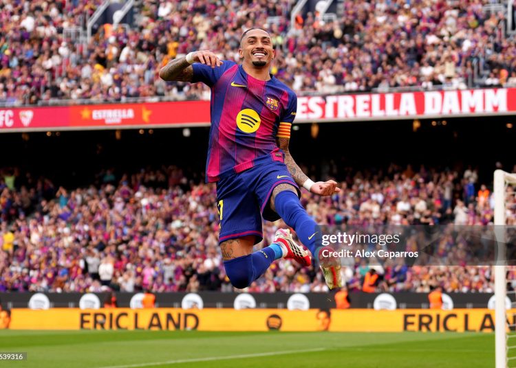 Raphinha of FC Barcelona celebrates scoring his team's second goal during the LaLiga EA Sports match between FC Barcelona and Sevilla FC at Spotify Camp Nou (Photo by Alex Caparros/Getty Images)