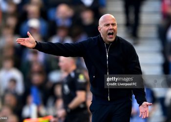 Arne Slot, Manager of Liverpool, reacts on the sidelines during the Premier League match between Brighton & Hove Albion and Liverpool (Photo by Liverpool FC/Liverpool FC via Getty Images)