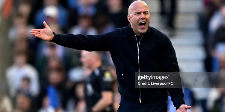 Arne Slot reacts on the sidelines during the Premier League match between Brighton & Hove Albion and Liverpool (Photo by Liverpool FC/Liverpool FC via Getty Images)
