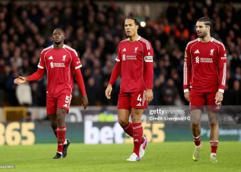 Ibrahima Konate, Virgil van Dijk and Dominik Szoboszlai of Liverpool look dejected during the Premier League match between Wolverhampton Wanderers and Liverpool (Photo by Liverpool FC/Liverpool FC via Getty Images)