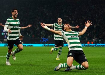 Maximiliano Araujo of Sporting Clube de Portugal celebrates scoring his team's fourth goal during the UEFA Champions League 2025/26 Round of 16 Second Leg match between Sporting Clube de Portugal and FK Bodo/Glimt at Estadio Jose Alvalade on March 17, 2026 in Lisbon, Portugal. (Photo by Gualter Fatia/Getty Images)
