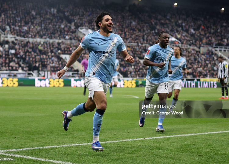 Omar Marmoush of Manchester City celebrates scoring his team's second goal during the Emirates FA Cup Fifth Round match between Newcastle United and Manchester City (Photo by George Wood/Getty Images)