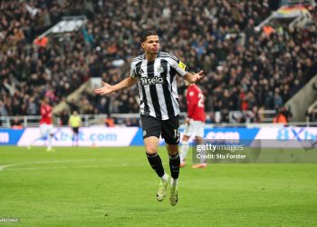 William Osula of Newcastle United celebrates scoring his team's second goal during the Premier League match between Newcastle United and Manchester United (Photo by Stu Forster/Getty Images)