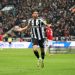 William Osula of Newcastle United celebrates scoring his team's second goal during the Premier League match between Newcastle United and Manchester United (Photo by Stu Forster/Getty Images)