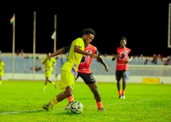 Kelvin Nkrumah (with ball at feet) in action against Attram De Visser Photo Courtesy: Medeama SC