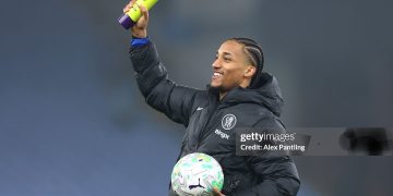 Joao Pedro of Chelsea celebrates with the Premier League Player of the Match award and the match ball after scoring a hat trick after the Premier League match between Aston Villa and Chelsea (Photo by Alex Pantling/Getty Images)