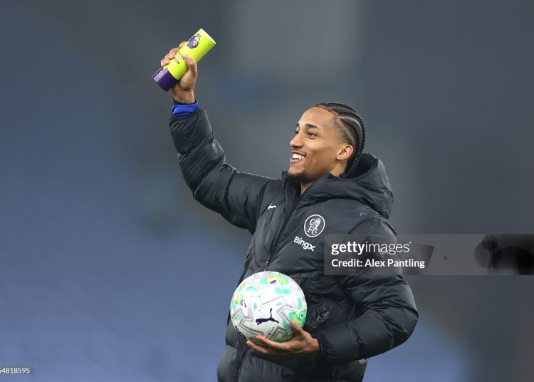 Joao Pedro of Chelsea celebrates with the Premier League Player of the Match award and the match ball after scoring a hat trick after the Premier League match between Aston Villa and Chelsea (Photo by Alex Pantling/Getty Images)