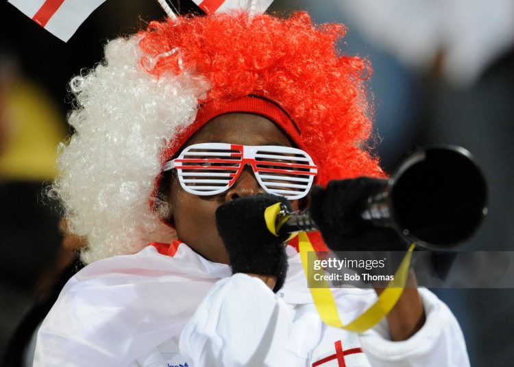 England fans bowling their vuvuzela during the 2010 FIFA World Cup South Africa Group C match between England and USA at the Royal Bafokeng Stadium on June 12, 2010 in Rustenburg, South Africa. The match was drawn 1-1. (Photo by Bob Thomas Sports Photography via Getty Images)