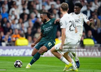 Antoine Semenyo of Manchester City shoots during the UEFA Champions League 2025/26 Round of 16 First Leg match between Real Madrid F.C. and Manchester City (Photo By Dennis Agyeman/Europa Press via Getty Images)