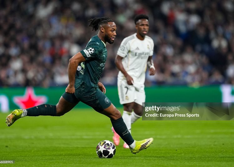 Antoine Semenyo of Manchester City in action during the UEFA Champions League 2025/26 Round of 16 First Leg match between Real Madrid C.F. and Manchester City (Photo By Oscar J. Barroso/Europa Press via Getty Images)