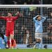 Morato of Nottingham Forest celebrates his teams draw as Bernardo Silva of Manchester City looks dejected following the Premier League match between Manchester City and Nottingham Forest (Photo by Gareth Copley/Getty Images)