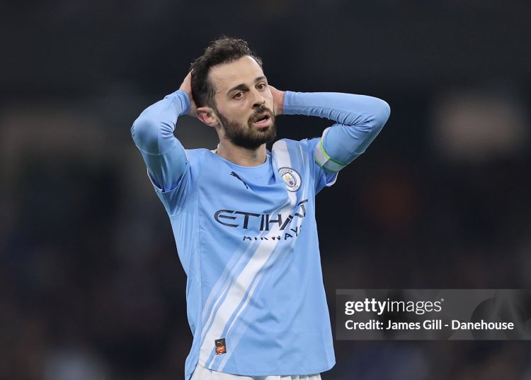 Bernardo Silva of Manchester City reacts after a missed chance during the Premier League match between Manchester City and Nottingham Forest (Photo by James Gill - Danehouse/Getty Images)