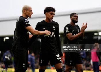 Tottenham Hotspur's Richarlison (left) and Tottenham Hotspur's Souza (centre) (Photo by John Walton/PA Images via Getty Images)