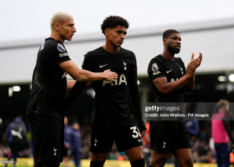 Tottenham Hotspur's Richarlison (left) and Tottenham Hotspur's Souza (centre) (Photo by John Walton/PA Images via Getty Images)