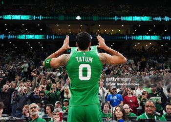 Jayson Tatum #0 of the Boston Celtics before the game against the Dallas Mavericks (Photo by Brian Babineau/NBAE via Getty Images)