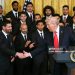 US President Donald Trump shakes hand with Argentinian star Lionel Messi during an event for Inter Miami CF, winners of the 2025 Major League Soccer Cup, in the East Room of the White House (Photo by ANDREW CABALLERO-REYNOLDS / AFP via Getty Images)