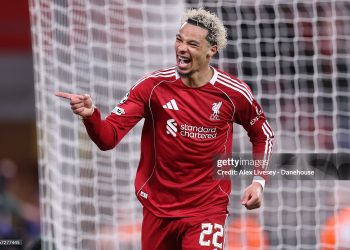 Hugo Ekitike of Liverpool celebrates after scoring their second goal during the UEFA Champions League 2025/26 Round of 16 Second Leg match between Liverpool FC and Galatasaray SK (Photo by Alex Livesey - Danehouse/Getty Images)