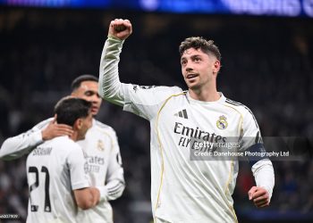 Federico Valverde of Real Madrid celebrates after scoring their second goal during the UEFA Champions League 2025/26 Round of 16 First Leg match between Real Madrid CF and Manchester City FC (Photo by Danehouse Photography Ltd/Getty Images)
