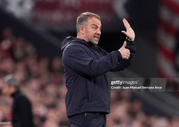 Hansi Flick, Head Coach of FC Barcelona, gestures during the LaLiga EA Sports match between Athletic Club and FC Barcelona (Photo by Juan Manuel Serrano Arce/Getty Images)