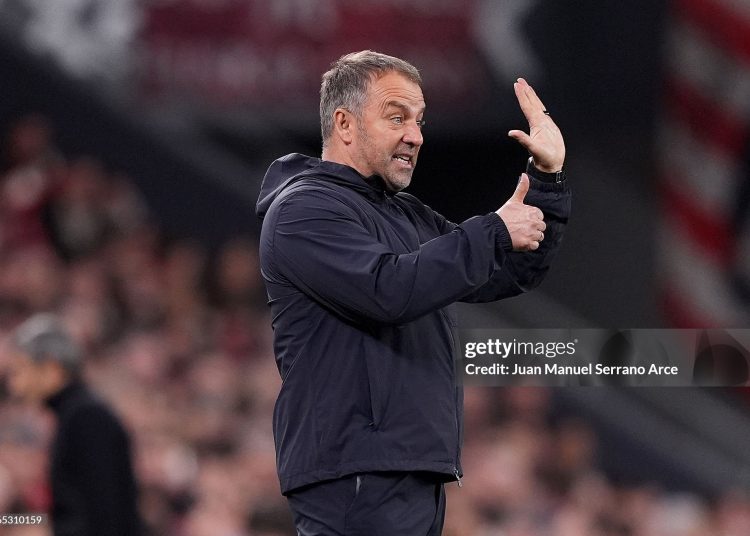 Hansi Flick, Head Coach of FC Barcelona, gestures during the LaLiga EA Sports match between Athletic Club and FC Barcelona (Photo by Juan Manuel Serrano Arce/Getty Images)