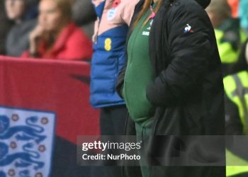 Manager Desiree Ellis of South Africa and Head Coach Sarina Wiegman of England look on during the international friendly match between England Women and South Africa at the Coventry Building Society Arena in Coventry, England, on October 29, 2024. (Photo by MI News/NurPhoto via Getty Images)