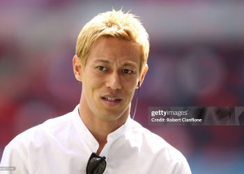 DOHA, QATAR - NOVEMBER 27: Keisuke Honda speaks during an interview prior to the FIFA World Cup Qatar 2022 Group E match between Japan and Costa Rica at Ahmad Bin Ali Stadium on November 27, 2022 in Doha, Qatar. (Photo by Robert Cianflone/Getty Images)