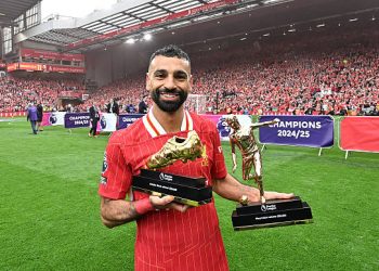 LIVERPOOL, ENGLAND - MAY 25: (THE SUN OUT. THE SUN ON SUNDAY OUT) Mohamed Salah of Liverpool poses for a photo with his Premier League Golden boot and Playmakers award after the teams 1-1 draw in the Premier League match between Liverpool FC and Crystal Palace FC at Anfield on May 25, 2025 in Liverpool, England. (Photo by Liverpool FC/Liverpool FC via Getty Images)