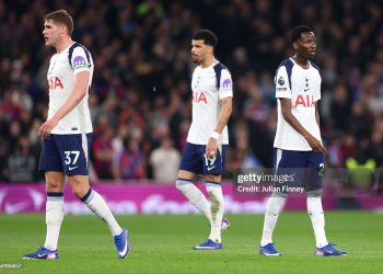 Pape Matar Sarr of Tottenham Hotspur looks dejected after Ismaila Sarr of Crystal Palace (not pictured) scores a goal which was later disallowed following a VAR check due to an offside offence during the Premier League match between Tottenham Hotspur and Crystal Palace (Photo by Julian Finney/Getty Images)