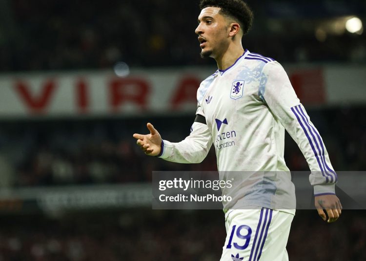 Jadon Sancho of Aston Villa plays during the UEFA Europa League round of 16 first leg football match between Lille (LOSC) and Aston Villa (Photo by Ibrahim Ezzat/NurPhoto via Getty Images)