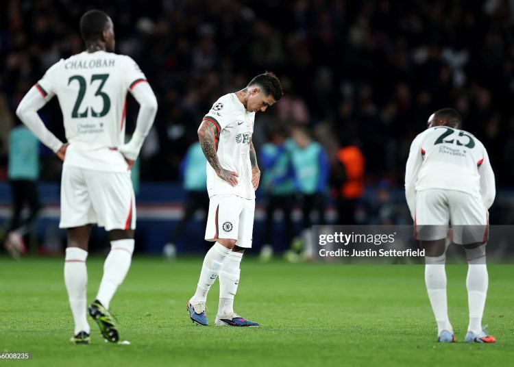 Enzo Fernandez of Chelsea looks dejected after Ousmane Dembele of Paris Saint-Germain (not pictured) scores his team's second goal during the UEFA Champions League 2025/26 Round of 16 First Leg match between Paris Saint-Germain FC and Chelsea FC (Photo by Justin Setterfield/Getty Images)