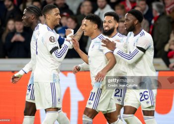 Ollie Watkins of Aston Villa #11 celebrates his goal with Ezri Konsa; Douglas Luiz, Lamare Bogarde during the UEFA Europa League 2025/26 Round of 16 First Leg football match between Lille OSC (LOSC) and Aston Villa FC (Photo by Jean Catuffe/Getty Images)