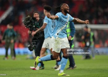 Manchester City's Ghanaian midfielder #42 Antoine Semenyo  celebrates after the English League Cup final football match between Arsenal and Manchester City at Wembley Stadium in London on March 22, 2026. City won the game 2-0. (Photo by Adrian Dennis / AFP via Getty Images)
