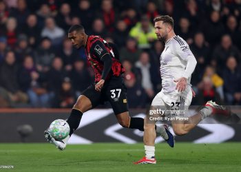 Rayan of AFC Bournemouth shoots whilst under pressure from Luke Shaw of Manchester United during the Premier League match between Bournemouth and Manchester United (Photo by Ryan Pierse/Getty Images)