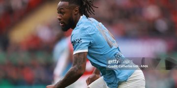 Antoine Semenyo of Manchester City  during the Carabao Cup Final match between Arsenal and Manchester City (Photo by Catherine Ivill - AMA/Getty Images)