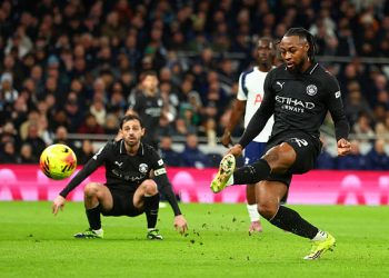 Antoine Semenyo of Manchester City scores his team's second goal during the Premier League match between Tottenham Hotspur and Manchester City at Tottenham Hotspur Stadium on February 01, 2026 in London, England. (Photo by Chris Brunskill/Fantasista/Getty Images)